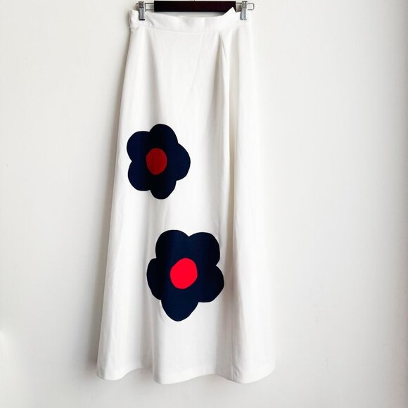 Vintage 70s A line White Blue Floral Maxi Skirt Boho - Picture 2 of 4